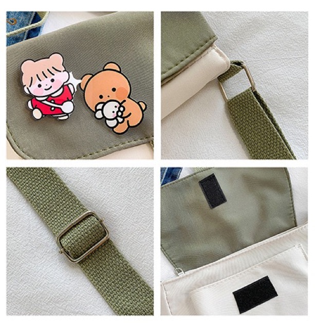 [Mã FASHIONGREEN264 giảm 10% tối đa 30k đơn từ 99k] Túi Vải Messenger Gắn Sticker Phong Cách Nữ Sinh Hàn Quốc TVS14