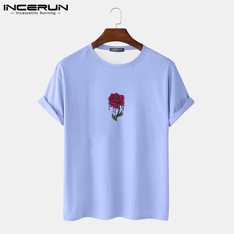 Áo thun INCERUN ngắn tay in hình hoa hồng thời trang thường ngày phong cách đơn giản cho nam