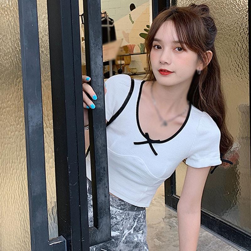 Áo Thun Tay Ngắn Cổ Chữ U Phối Nơ Xinh Xắn Phong Cách Hàn Quốc Dành Cho Bạn Gái