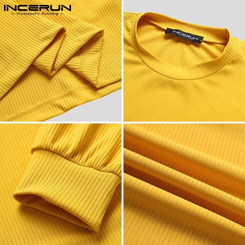 Áo thun chui đầu INCERUN tay dài màu trơn cổ tròn thường ngày cho nam
