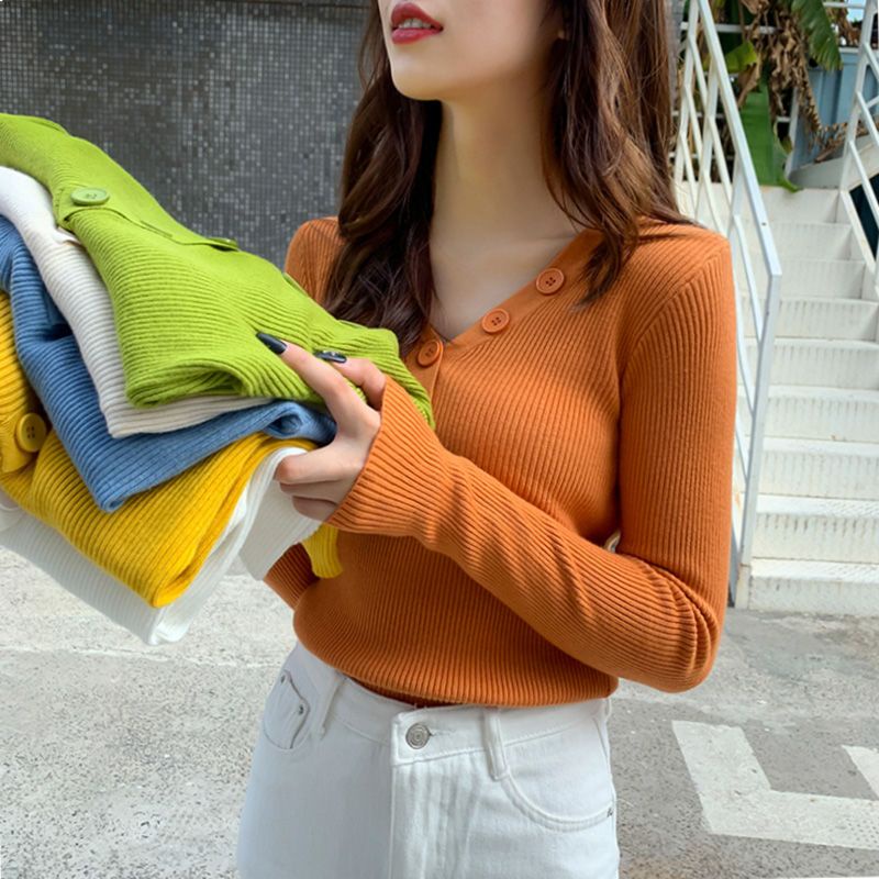 Áo Len Tay Dài Cổ Chữ V Dáng Ôm Thời Trang Thu Đông Cho Nữ