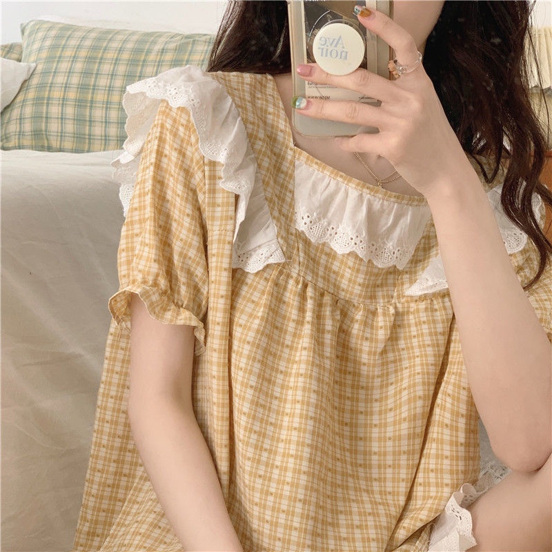 Bộ Đồ Ngủ Ngắn Tay Phối Ren Họa Tiết Sọc Caro Thời Trang Mùa Hè Cho Nữ