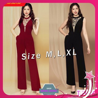 Bộ Jum Đẹp 🎁FREESHIP🎁  Jumpsuit dài ống suông cổ yếm phối lưới đính hột xinh xắn TJ1041