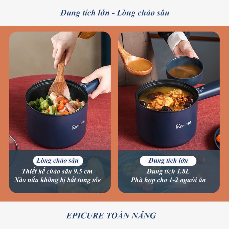 [TẶNG 10 MÓN] Nồi Điện Đa Năng EPICURE Dung Tích 1.8L Chống Dính, Nồi Lẩu Điện 2 Tầng Chảo Lẩu Điện Mini Có Xửng Hấp