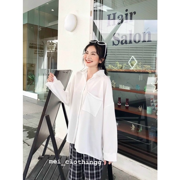 [Ảnh thật/video] Áo sơmi nữ trắng viền chỉ basic/ Đồ công sở/sơ mi đi học