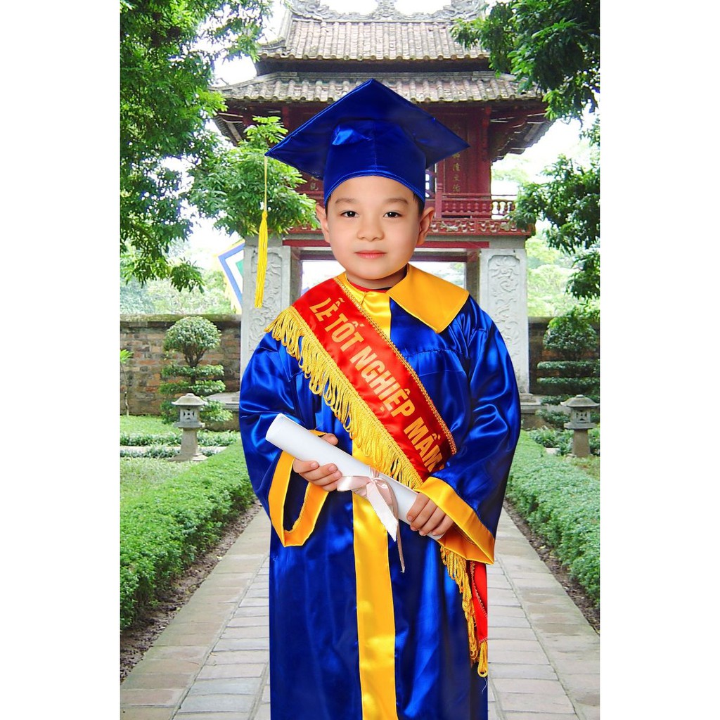 Áo cử nhân tốt nghiệp mầm non xanh nước vạt vàng