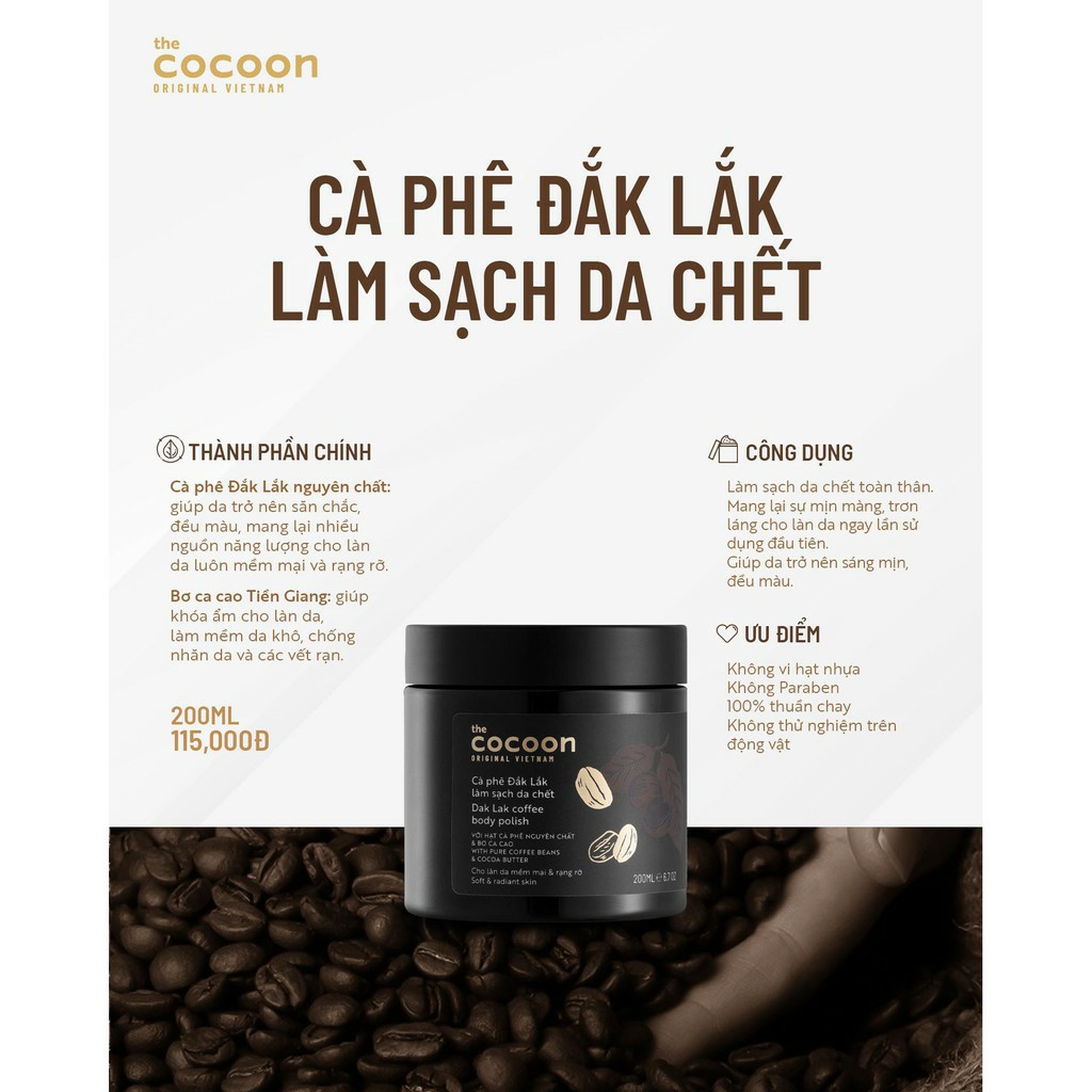 Tẩy da chết body cà phê Đắk Lắk Cocoon làm sạch da chết trên cơ thể (sản phẩm thiên nhiên từ café nguyên chất Đắk Lắk