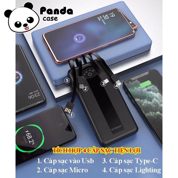 Pin sạc dự phòng SD Design THÔNG MINH KÈM 4 Cáp Sạc Micro, Lingtning, TypeC Cho Xiaomi Samsung IPhone Oppo,.. Panda Case