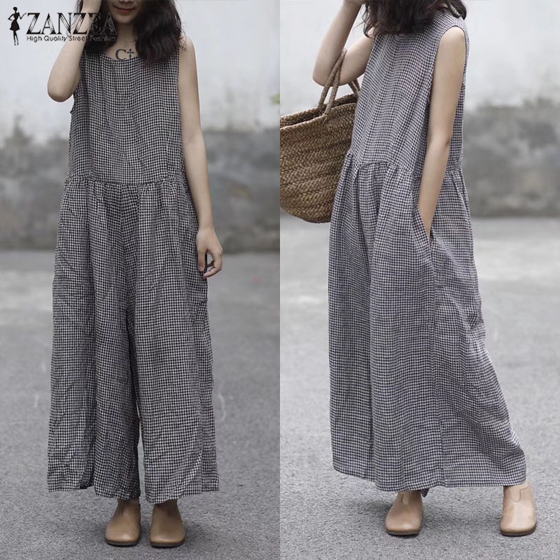 ZANZEA Jumpsuit Ống Rộng Không Tay Họa Tiết Ca Rô Thời Trang Dành Cho Nữ