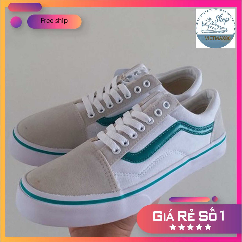 Giày Thể Thao Vns Old Skool  Trắng Sóng Xanh (Da Lộn) Cho Cả Nam Và Nữ, giày giá rẻ tặng kèm bull box bill / vietmax86 | BigBuy360 - bigbuy360.vn