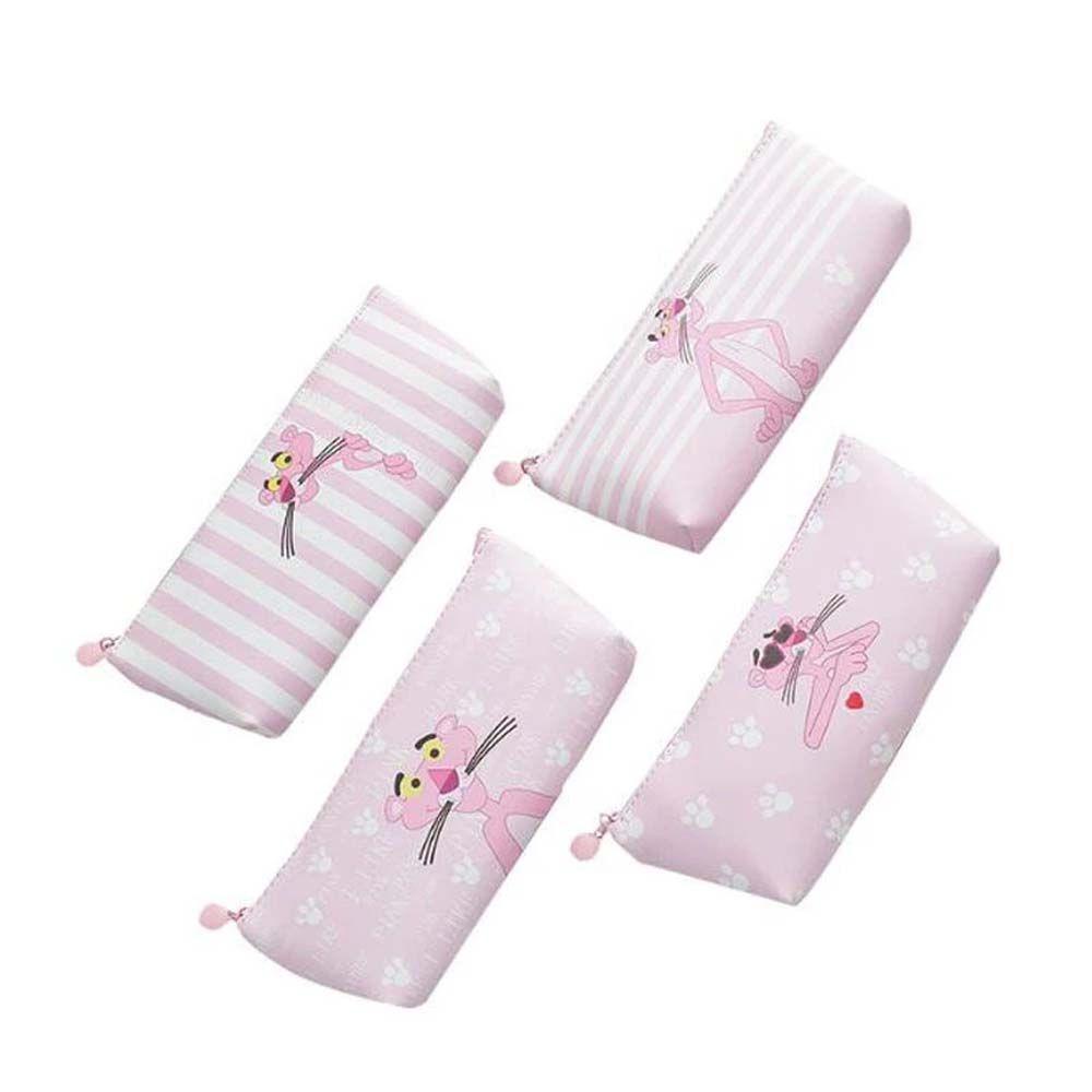 Túi Đựng Bút Bằng Da PU Đa Năng Có Khóa Kéo In Hình Báo Hồng Dễ Thương Ốp