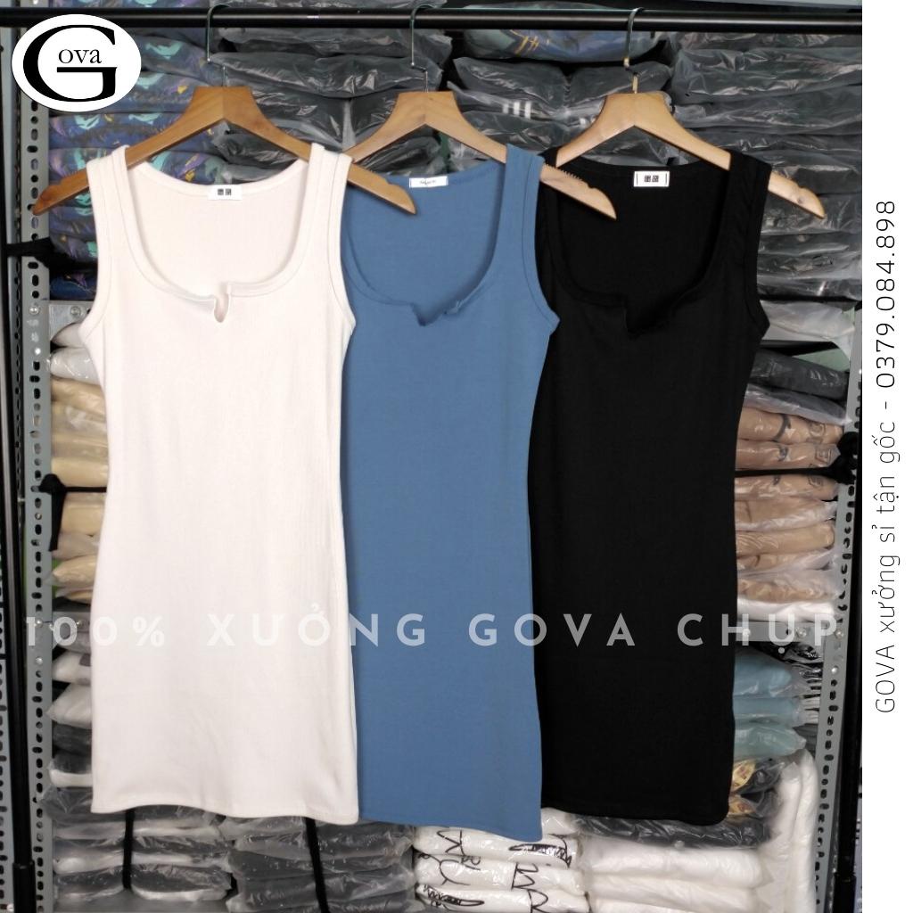 Đầm Váy Body SÁT NÁCH CỔ XẺ V BA LỔ Thun Gân Kiểu Sexy Nữ, Đầm Thun Ôm Body Đẹp GOVA