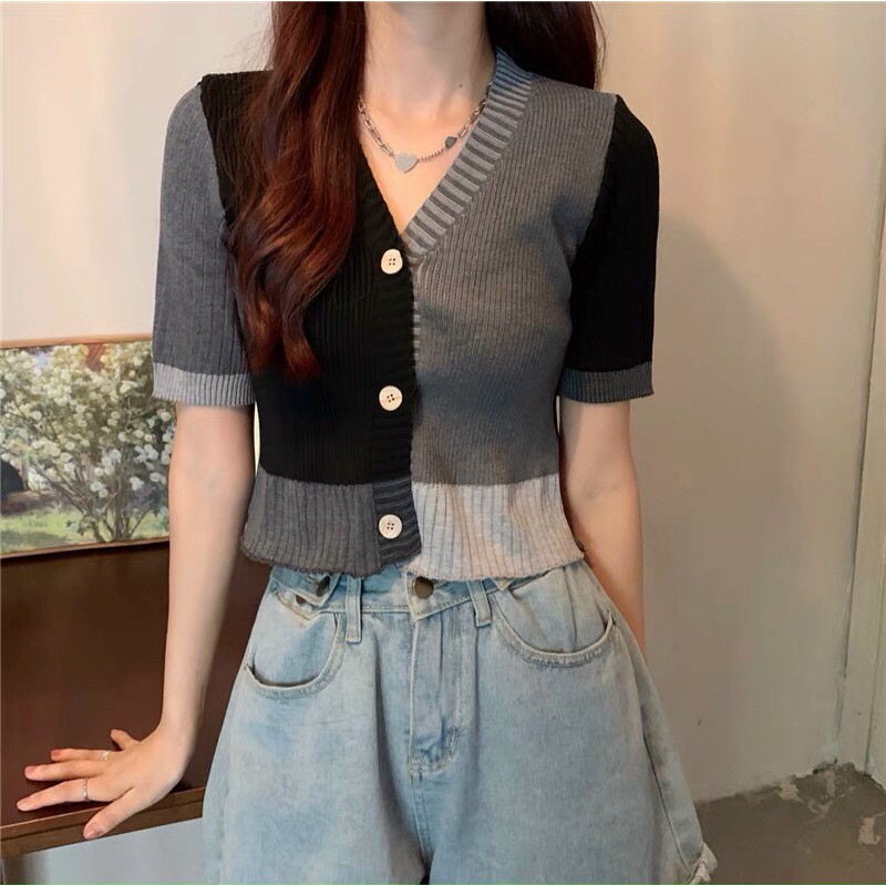 Áo len pha màu dáng cardigan style đường phố