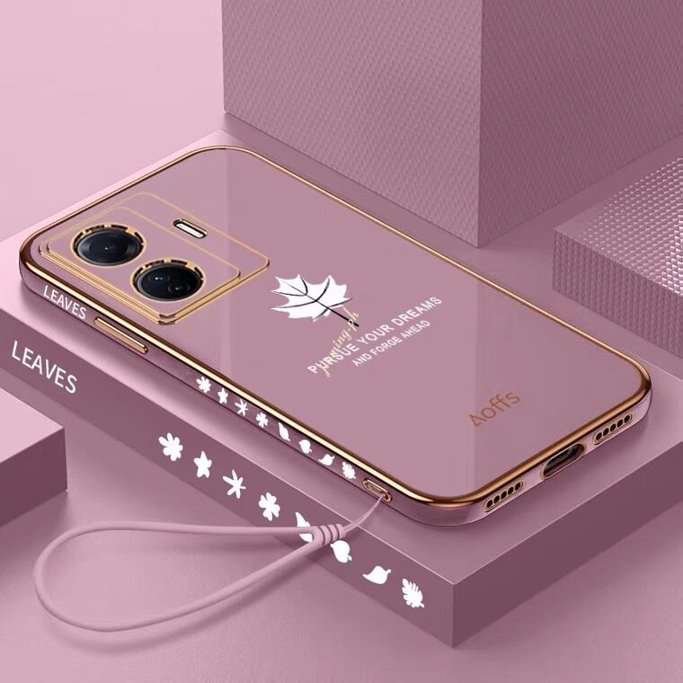 Ốp Điện Thoại Silicon Vuông Mạ Màu Họa Tiết Lá Phong 6D Bảo Vệ Camera Cho VIVO Y02S Y16 Y35 Y20i Y20 Y15A Y15S Y01