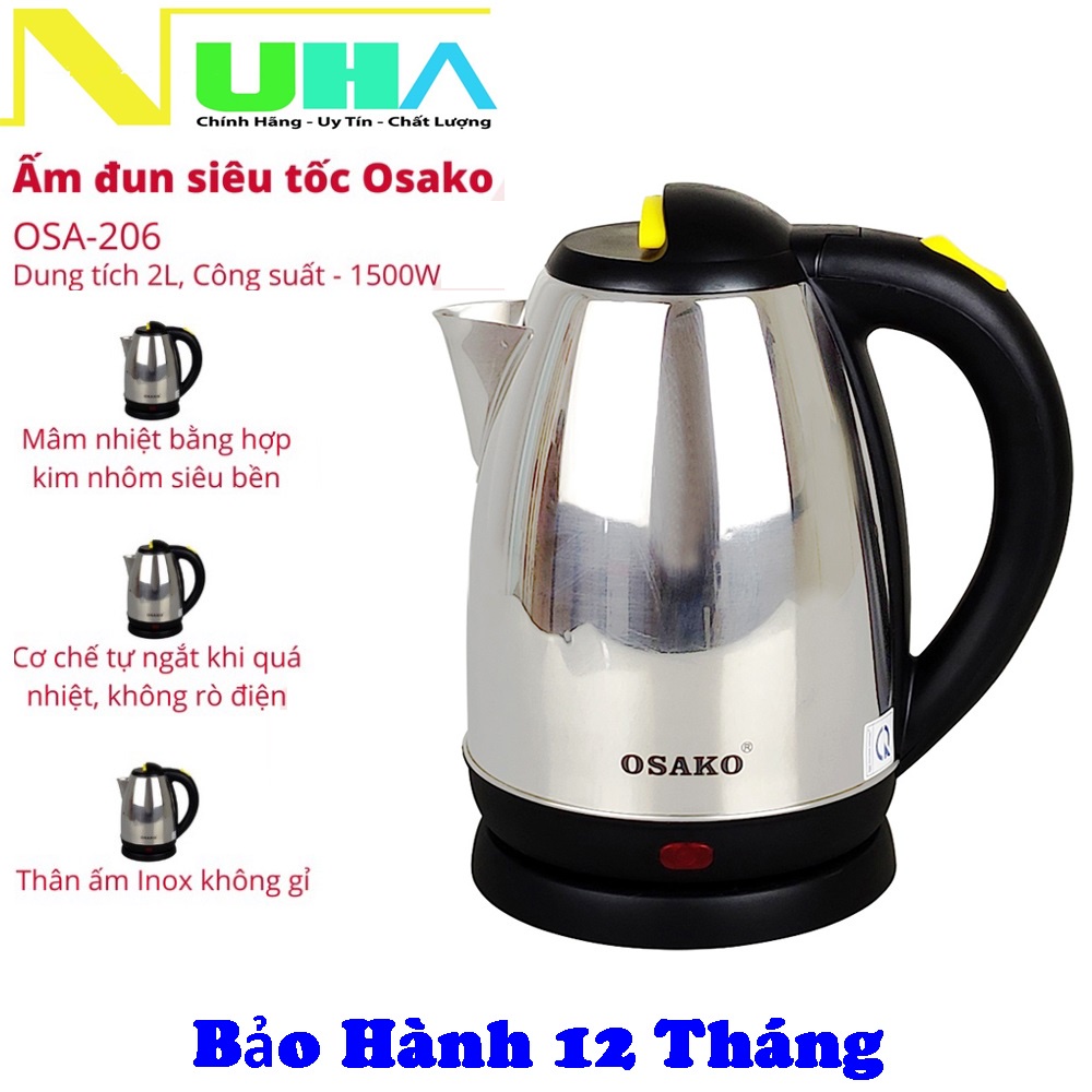 [Siêu Bền] Ấm siêu tốc inox cao cấp không gỉ OSAKO/INVERTERR 2 lít cách điện, cách nhiệt, bảo hành 12 tháng