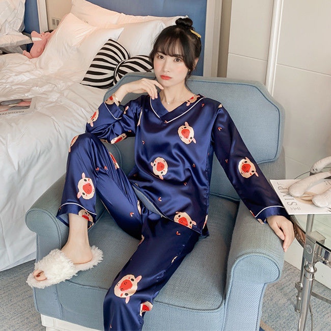 Bộ đồ ngủ tay dài chất lụa mỏng phong cách Hàn Quốc thời trang quyến rũ dành cho nữ