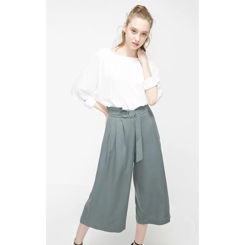 Quần lửng thắt dây ống rộng lụa nhân tạo xanh xám hot trend - Vero Moda thanh lịch sành điệu