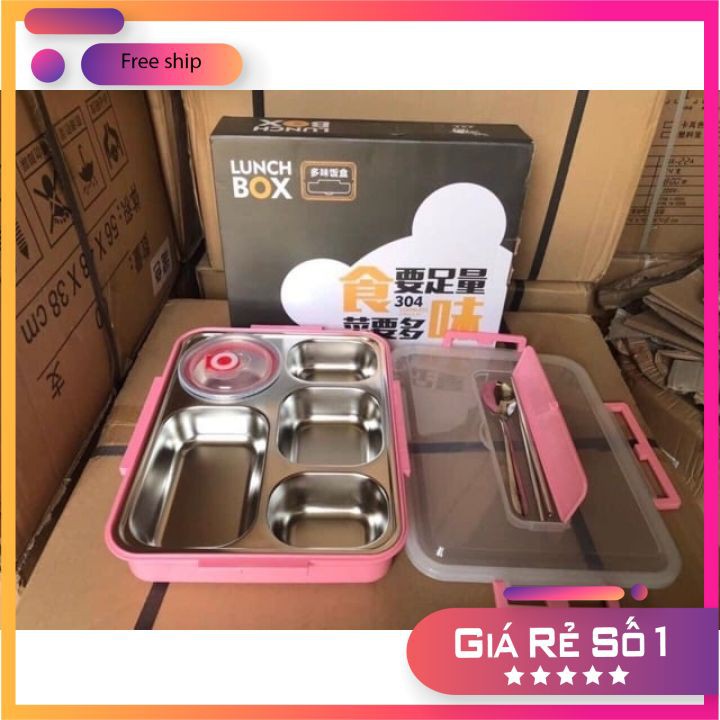 Hộp cơm 5 ngăn inox 304 Có Nắp Đậy tặng kèm bộ muỗng đũa inox siêu tiện lợi | BigBuy360 - bigbuy360.vn