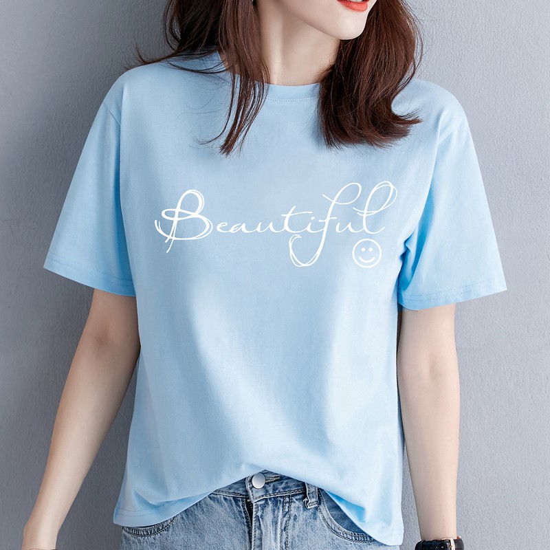 Women's cotton short-sleeved T-shirt solid color short-sleeved loose half-sleeved light blue women's clothing new women'