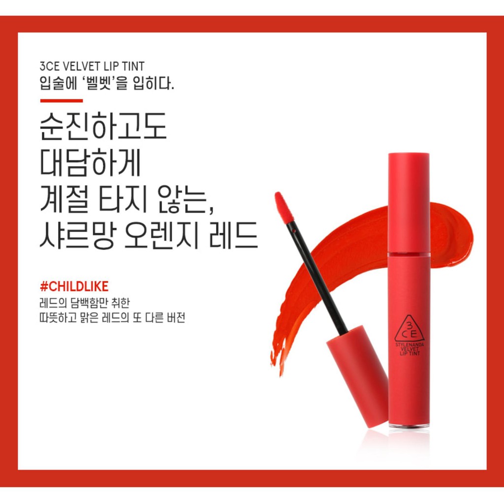 Son kem lì 3CE Velvet Lip Tint #Child Like - Đỏ Cam