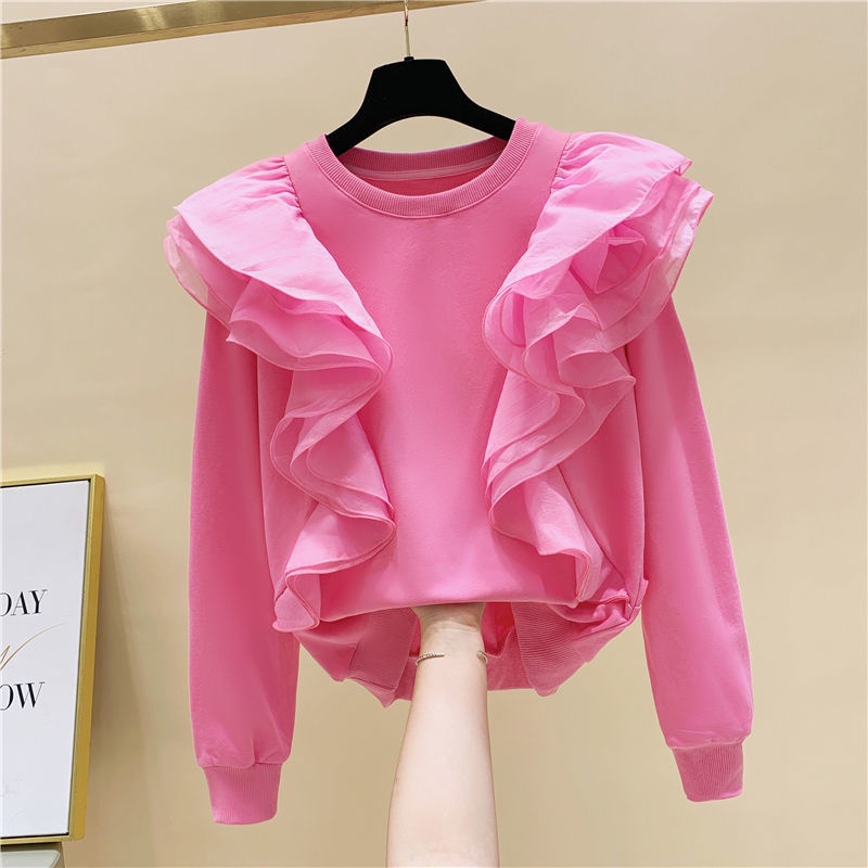 Áo sweater cổ tròn tay dài phối lưới thời trang mùa thu phong cách Hàn Quốc mới dành cho nữ 2021