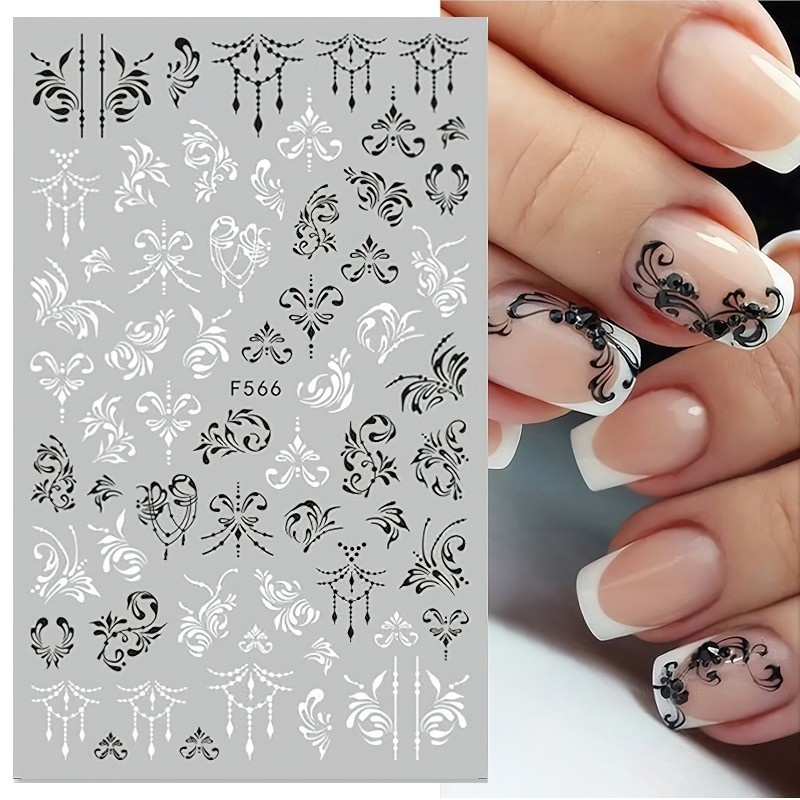 Miếng Dán Trang Trí Móng Tay Họa Tiết Hoa Lá Trắng Đen Đơn Giản DIY