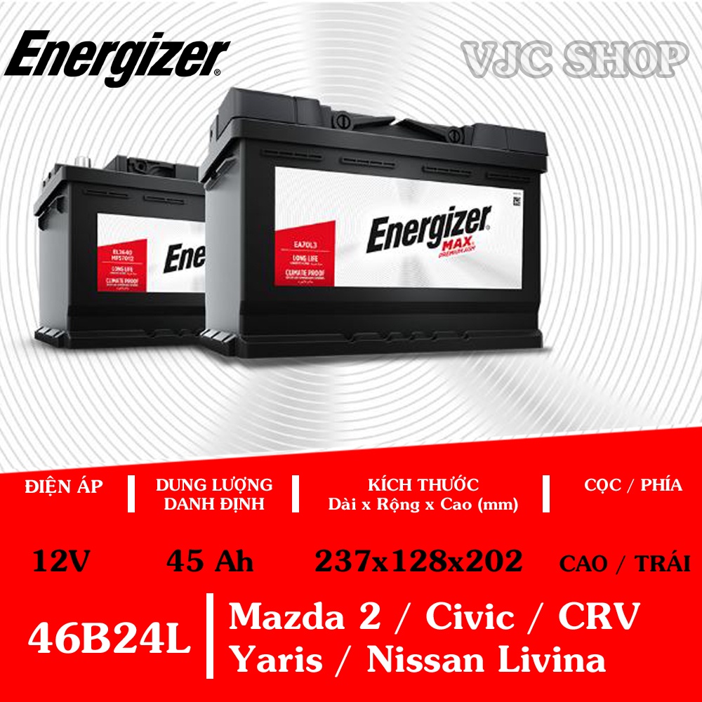 Bình ắc quy cho xe ô tô Energizer 12V-45Ah 46B24L dùng cho xe Mazda 2, Civic, Yaris