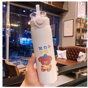 Bình giữ nhiệt cute 500ml bình nước inox 304 họa tiết dễ thương có ống hút