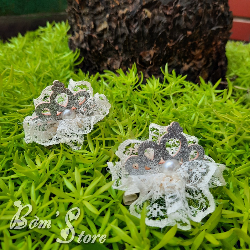 Dây buộc tóc/cặp tóc handmade hoa ren gắn vương miện cho bé