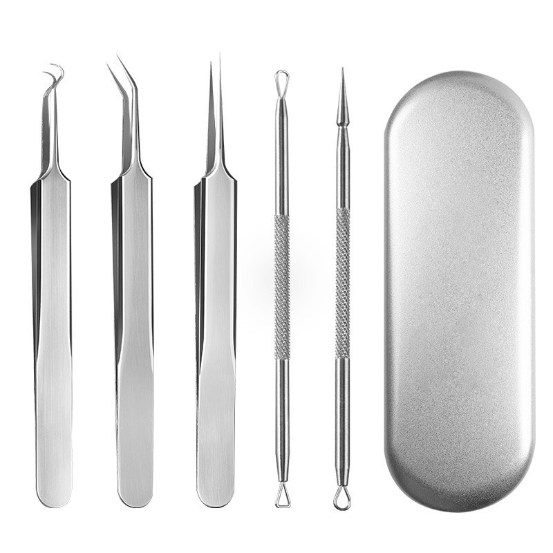 Bộ Nặn Mụn Inox Cao Cấp 5 Chi Tiết, 3 Nhíp + 2 Que Nặn Mụn