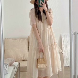 Váy babydoll suông dài, đầm nữ cộc tay phom rộng họa tiết chấm bi 2 lớp freesize tiểu thư hàn quốc Ylydress C1031