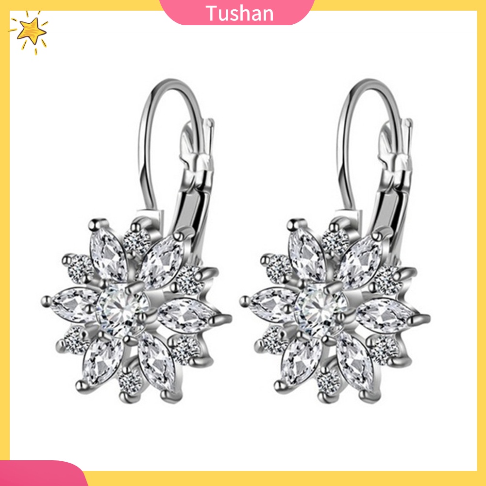 TUSH_Cubic Zirconia Inlaid Sunflower Dangle Leverback Earrings Chic Lady Jewelry Gift