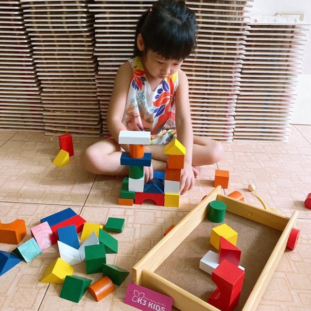 Bộ xếp hình xây dựng bằng gỗ 44 chi tiết trên xe