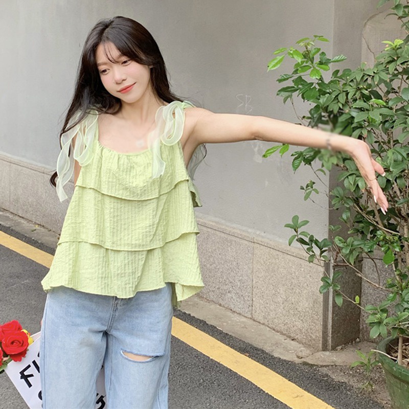 Áo Hai Dây Không Tay Thắt Nơ Màu Trơn Ngọt Ngào Phong Cách Hàn Quốc Thời Trang Cho Nữ