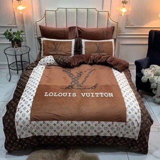 Bộ Chăn Ga Gối Nỉ Nhung Thương Hiệu LV Nâu