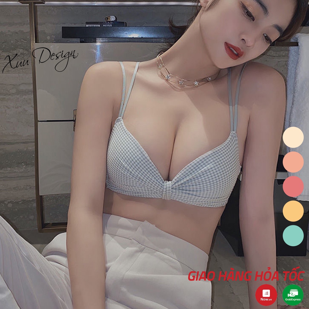 Áo lót nữ kẻ caro thiết kế đệm dày vừa không gọng XUU, dây kép đan chéo nâng ngực gợi cảm - AV44