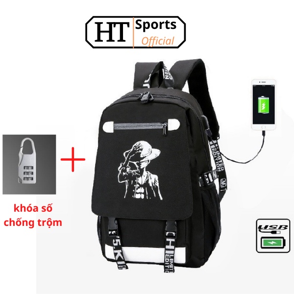 Balo nam nữ đi học đi chơi hình Luffy HT Sports dạ quang phát sáng có cáp sạc USB tặng kèm khóa số chống trộm