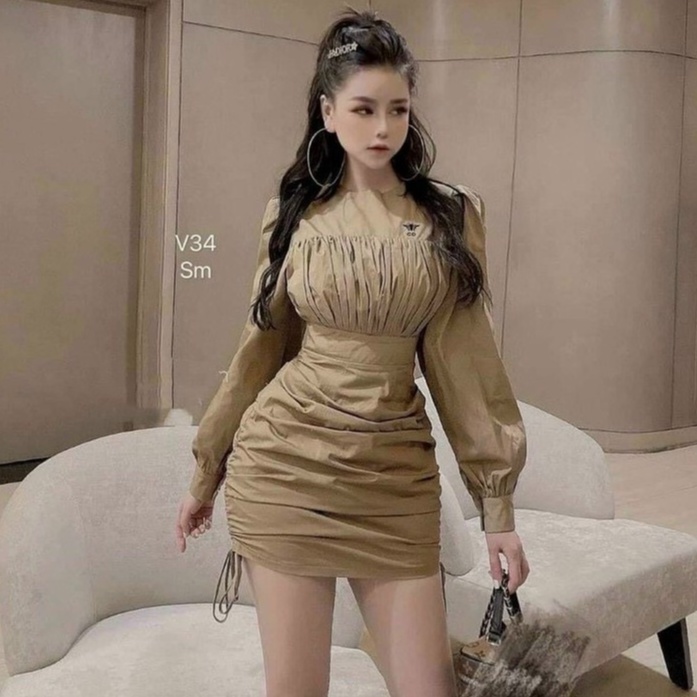 Gunkaymatter Đầm Nữ Ôm Body Xếp Ly Cổ Tròn Tay Dài Rút Dây 2 Bên Hông Thời Trang Nữ  Màu Sắc Nhã Nhặn