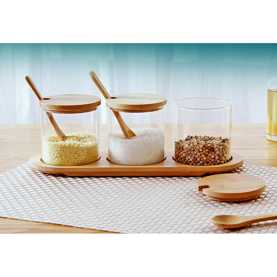 Set hũ đựng gia vị nắp gỗ cao cấp - Tặng kèm khay gỗ và thìa gỗ | BigBuy360 - bigbuy360.vn