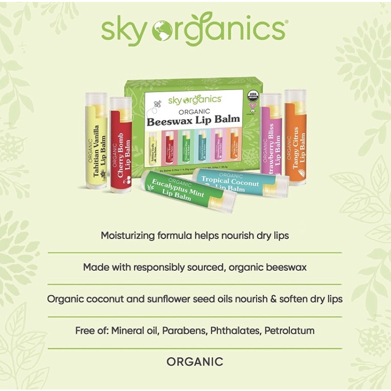 Son dưỡng môi sáp ong hữu cơ USDA Sky Organics cho cả người lớn và trẻ nhỏ 4.25g USA