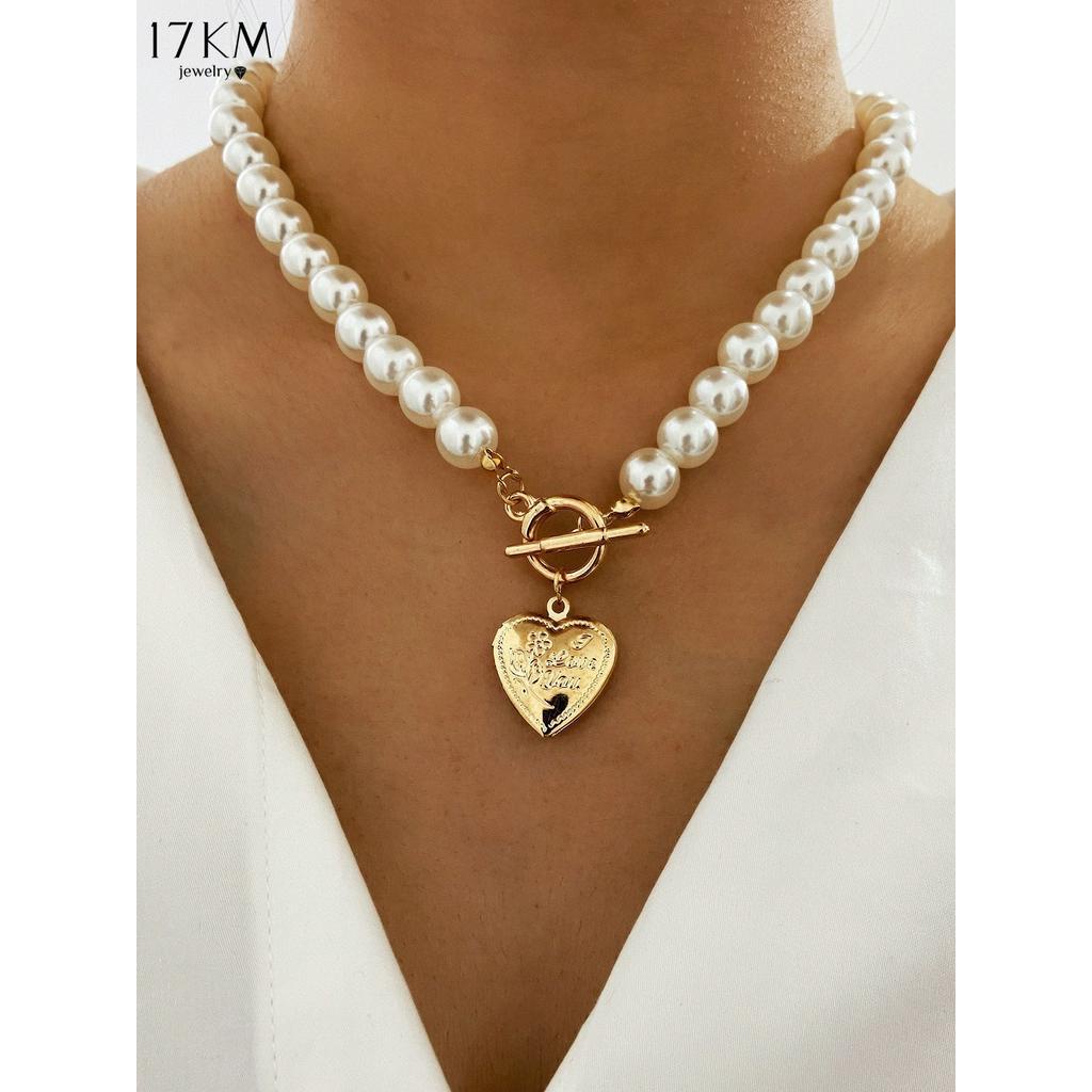Dây Chuyền/ Vòng Đeo Tay 17KM Chuỗi Hạt Ngọc Trai Nhân Tạo Mặt Hình Trái Tim Vàng Phong Cách Châu Âu Thời Trang Cho Nữ