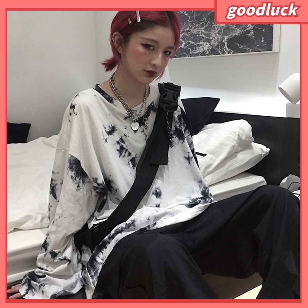 Áo thun thiết kế rộng cổ tròn tay dài kiểu màu nhuộm thời trang