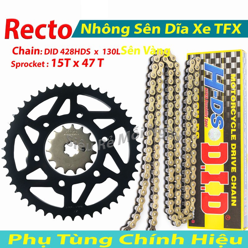 Nhông Sên Dĩa 15T và 47T Recto xe Yamaha TFX, Exciter 150, Sên DID Vàng 10ly Thái Lan