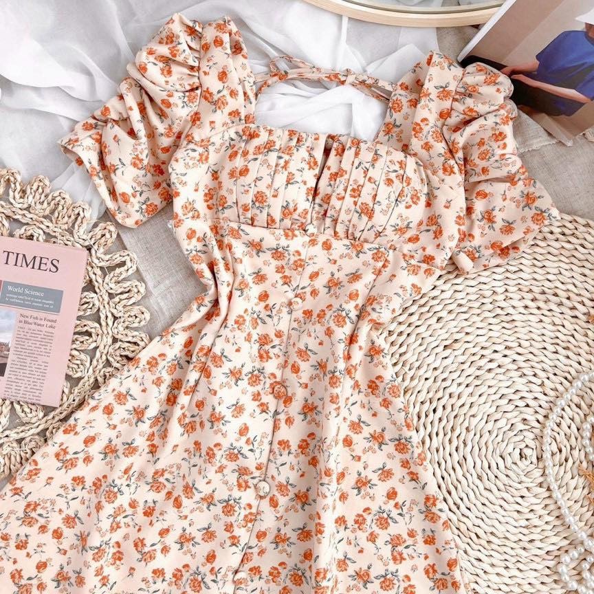 Đầm Hoa Nhí Vintage❤️FREESHIP❤️ Dáng Xòe Cổ Vuông Tay Phồng Phối Nút Ngực Xếp Ly Xinh Xắn