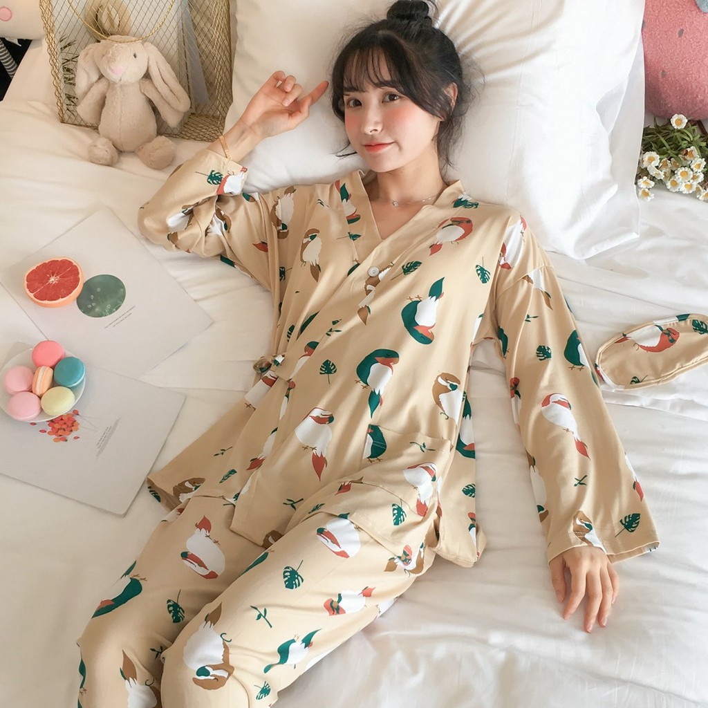 Bộ kimono hoa cotton mặc sau sinh dài  Ivysweethome Cotton65/35IVY253