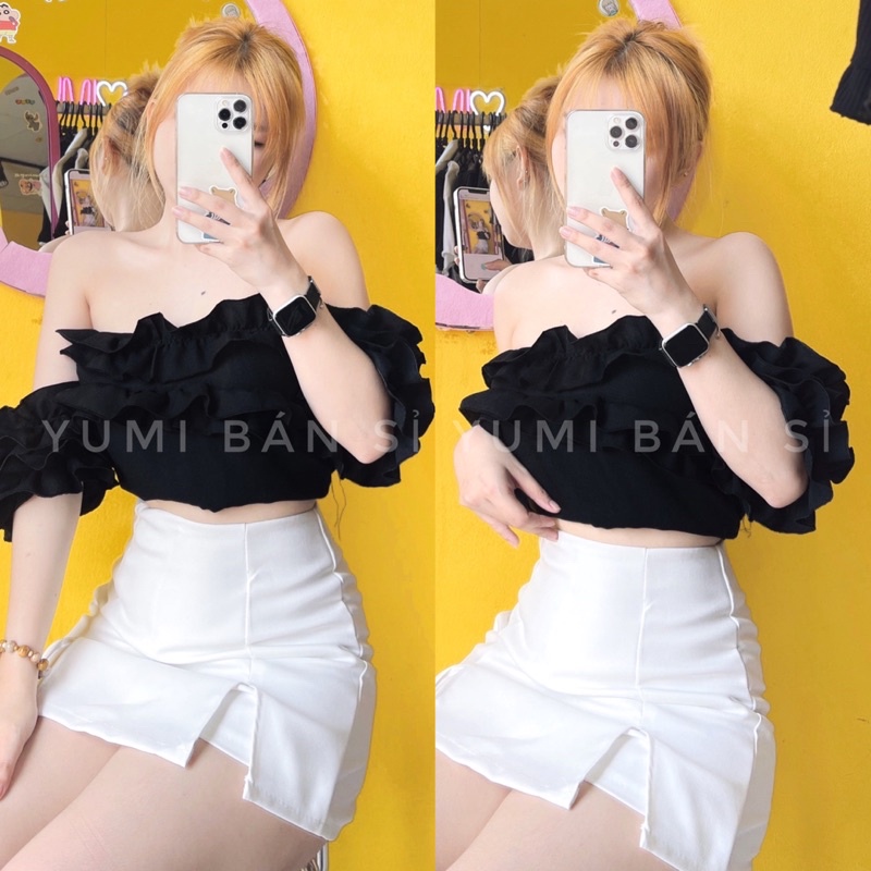 Set Váy Áo Bèo Trễ Vai Kèm Chân Váy Xẻ YUMI BÁN SỈ Set Váy Hot Trendy 2022