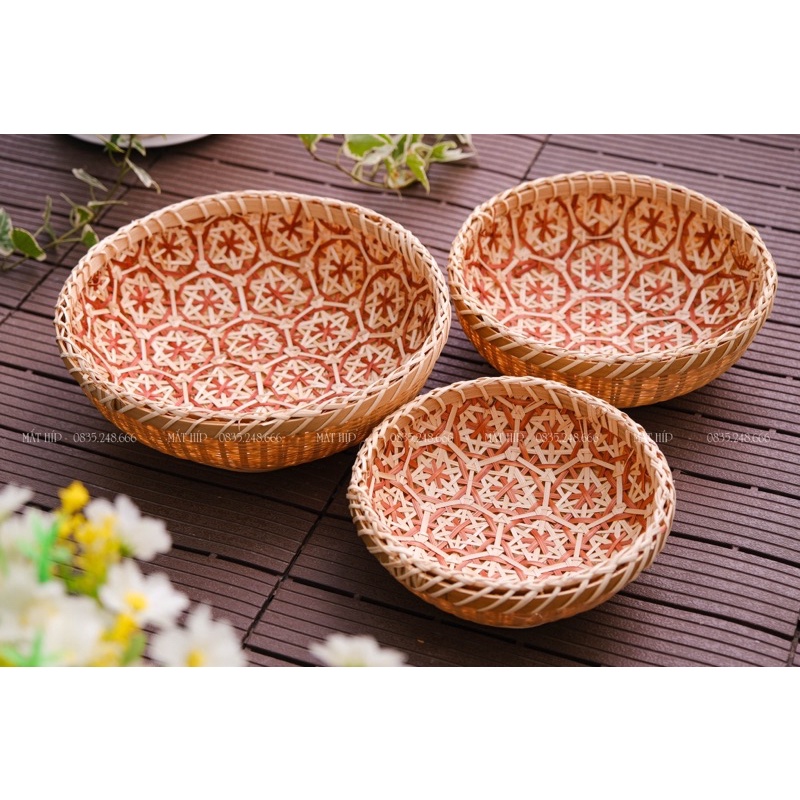 Khay mây rổ mây đan hoa thị đựng bánh kẹo, hoa quả, decor treo tường