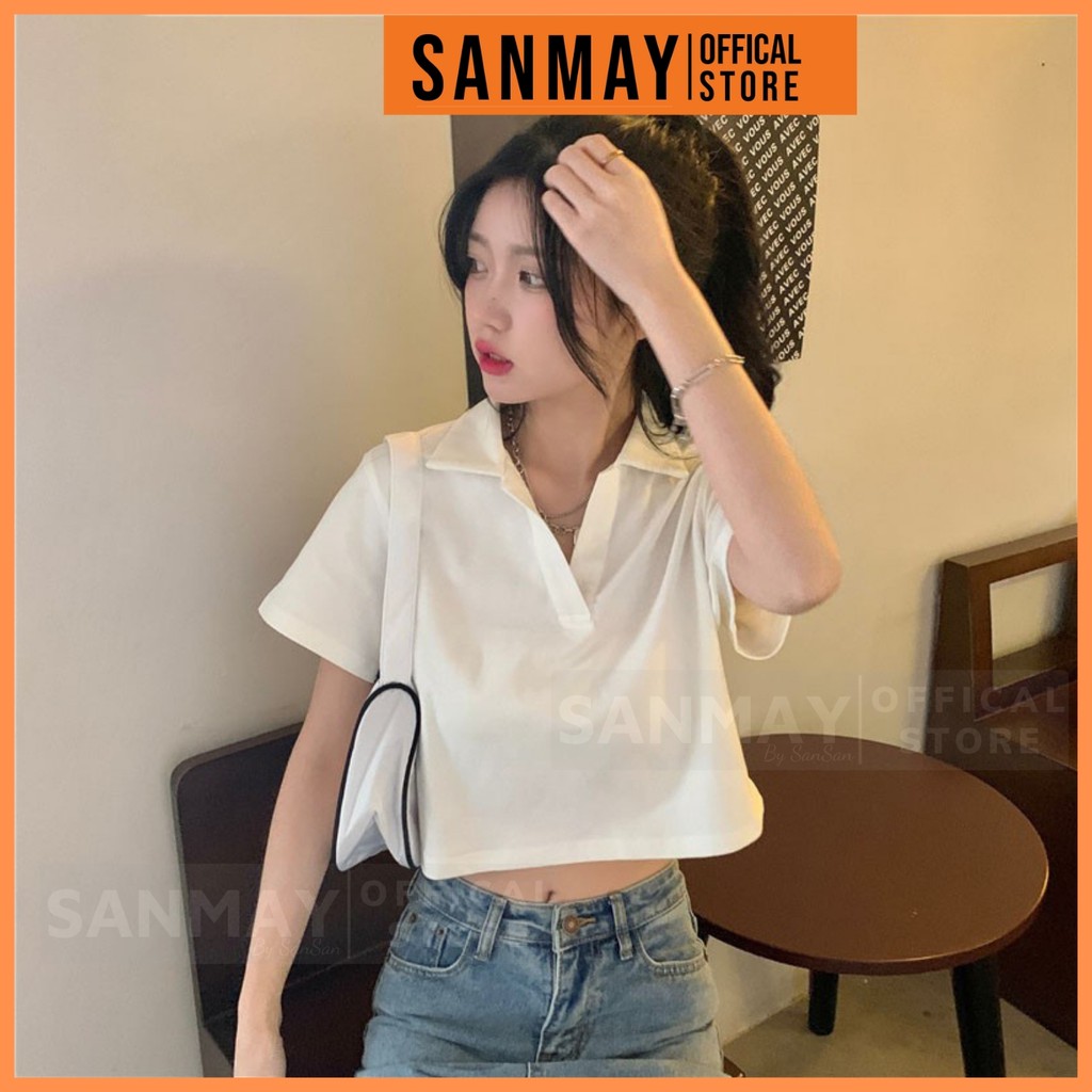 Áo Croptop Kiểu Nữ Ôm Body SANMAY Polo có cổ sơ mi thun Tay Ngắn Form Rộng sexy Cá tính thể thao màu trắng đen AO018