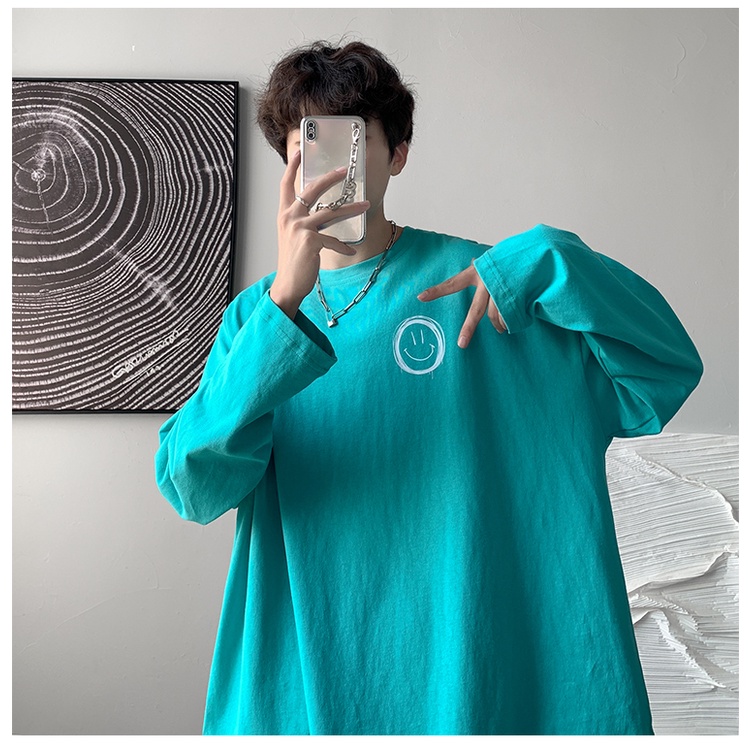 Áo thun tay dài in hình mặt cười cổ điển size lớn / M-8XL thời trang thu đông mới cho cặp đôi