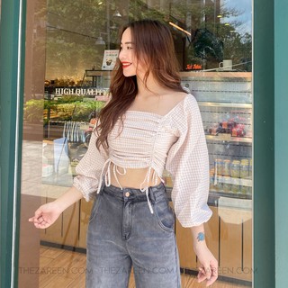 ÁO CROPTOP SỌC CARO RÚT DÂY ZAREEN VOA42 (NUDE)
